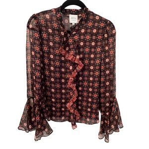 MISA NWT Los Angeles Black Rust Floral Chiffon Ruffle Bell Sleeve Blouse. Wmn XS
